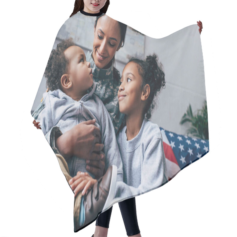 Personality  Children With Mother In Military Uniform Hair Cutting Cape