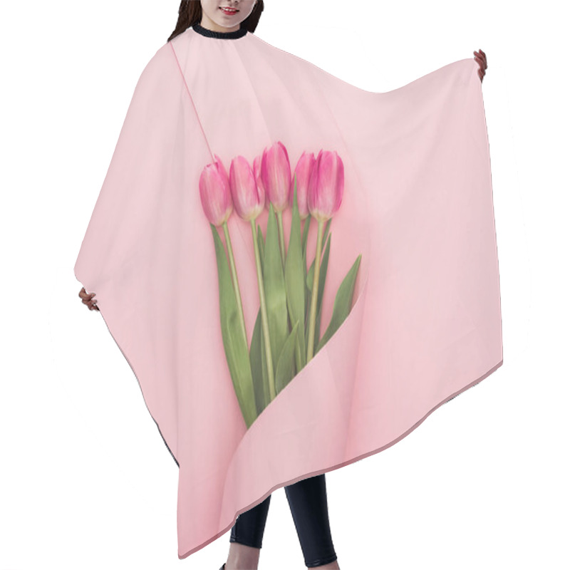 Personality  Top View Of Pink Tulips Wrapped In Paper Swirl On Pink Background Hair Cutting Cape