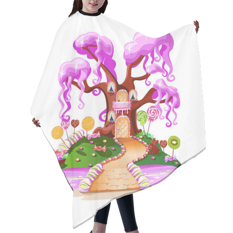 Personality  Sweet House On Candy Land. Fairytale House Surrounded By Sweets, Candies And Fruits. Pink River And A Sweet Bridge. Vector Illustration On A White Background. Hair Cutting Cape