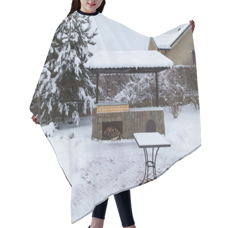 Personality  Backyard Patio.Landscape  With Barbeque Area, Snowbanks Of White Snow, Pine Trees In Country Garden. Country Life Concept. Hair Cutting Cape