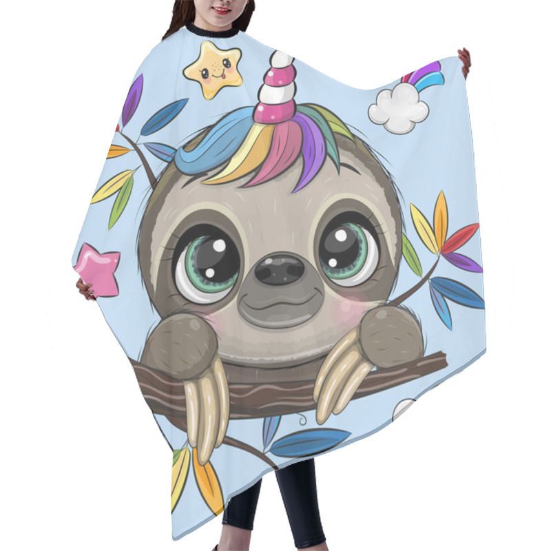 Personality  Cute Cartoon Sloth With Unicorn Horn A Blue Background Hair Cutting Cape