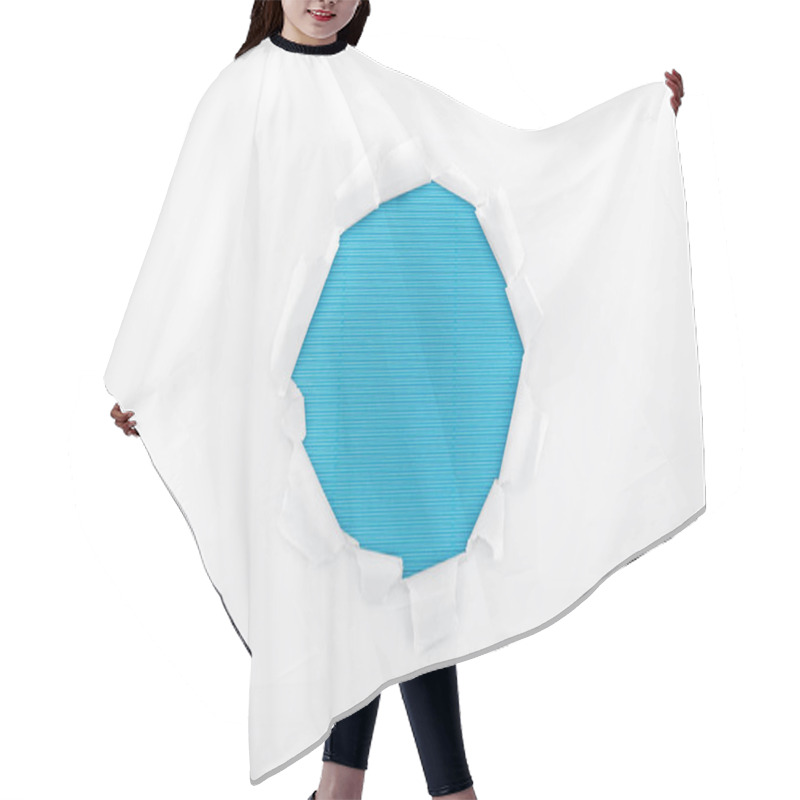 Personality  Torn Hole In White Textured Paper On Blue Striped Background  Hair Cutting Cape