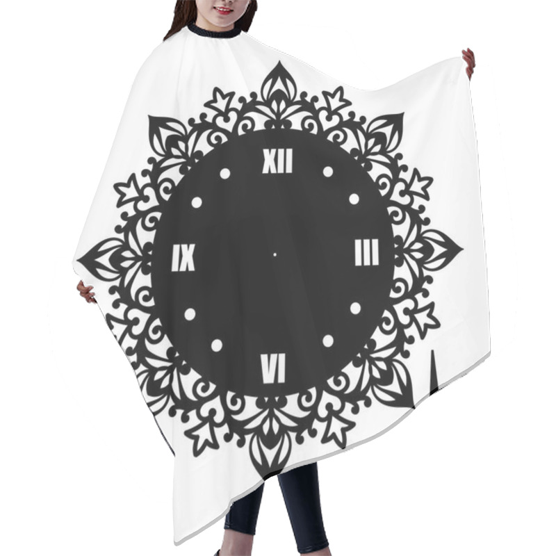 Personality  Simple Clock Face With Roman Numerals. Vector Template Of Silhouette. Dial For Laser Cut, Wood Carving, Die Cut Pattern. Illustration Isolated On White Background. Openwork Stencil With Lace Ornament. Hair Cutting Cape