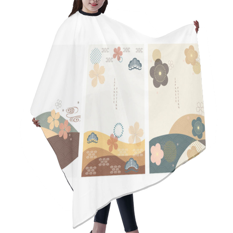 Personality  Japanese Template Vector. Abstract Background In Asian Style With Japanese Wave Pattern. Natural Luxury Texture With Cherry Blossom Flower And Icons Element. Hair Cutting Cape