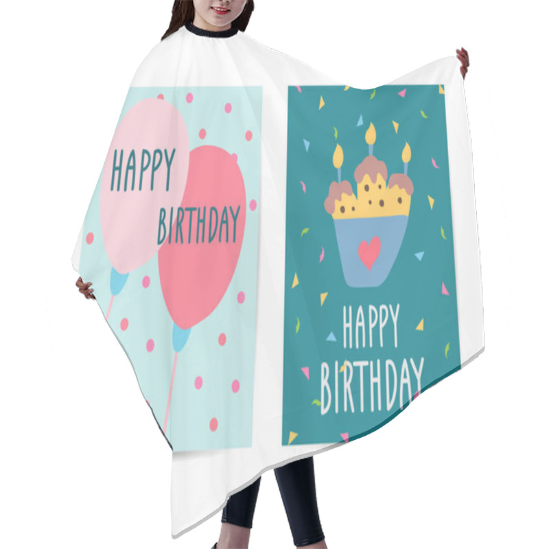 Personality  Set Of Cards Happy Birthday. Collection Greeting Templates. Invitation Cards To The Party. Vector Banners With Cake, Balloons. Hair Cutting Cape