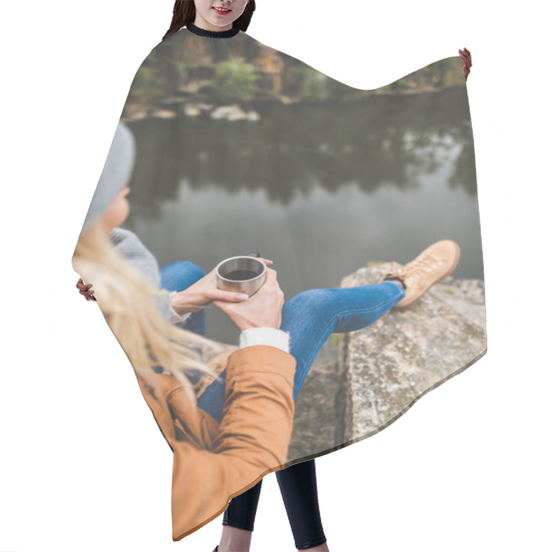 Personality  Woman With Cup Of Tea Sitting On Rock Hair Cutting Cape