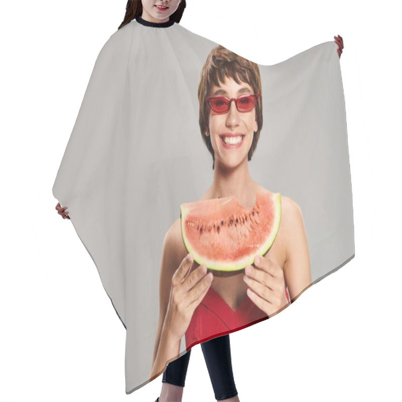 Personality  A Stylish Young Woman In A Red Dress Delightfully Holds A Slice Of Watermelon. Hair Cutting Cape