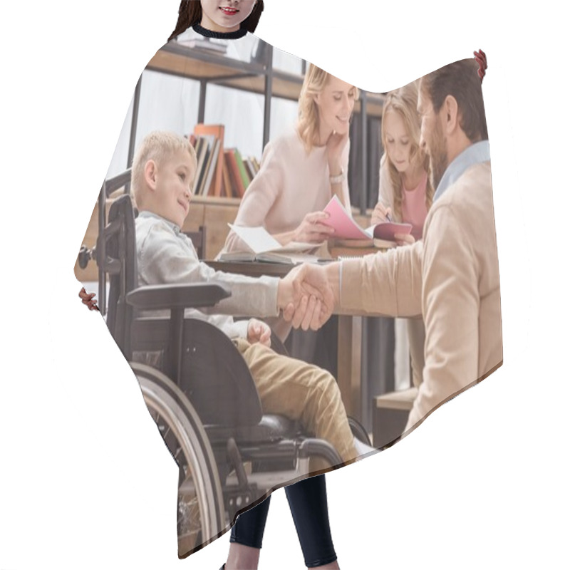 Personality  Father And Son On Wheelchair Shaking Hands Hair Cutting Cape