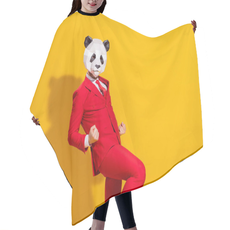 Personality  Photo Of Astonished Triumphant Guy Rejoice Wear Panda Mask Red Suit Tie Isolated On Yellow Color Background Hair Cutting Cape