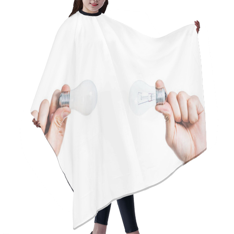 Personality  Cropped View Of Led Lapms In Hands Of Man Isolated On White, Energy Efficiency Concept Hair Cutting Cape