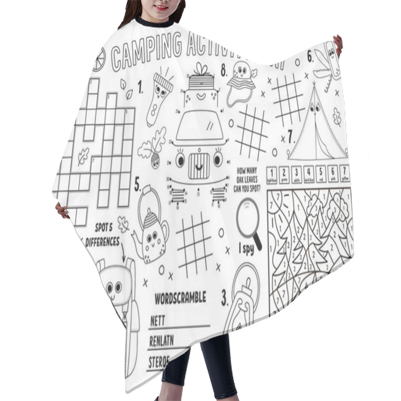 Personality  Vector Camping Placemat. Summer Camp Holidays Printable Activity Mat With Maze, Tic Tac Toe Charts, Connect The Dots, Crossword, Color By Number. Black And White Play Mat Or Coloring Pag Hair Cutting Cape