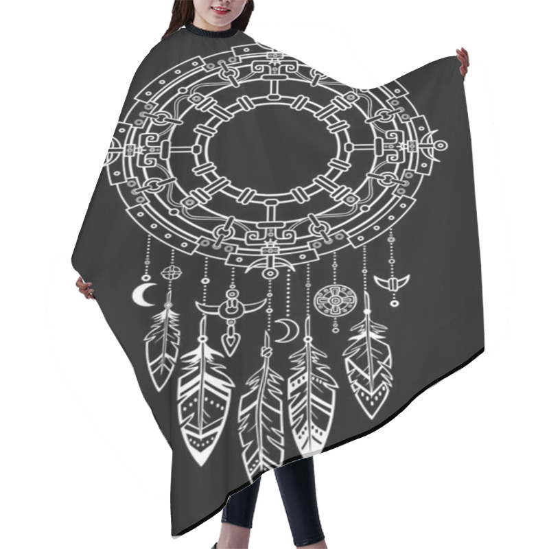 Personality  Decorative Mystical Circle With A Beads And Ethnic Jewelry.Linear Drawing, The Isolated White Contour On A Black Background. Vector Illustration. Hair Cutting Cape