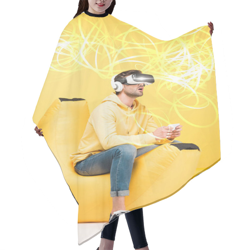 Personality  Excited Man On Bean Bag Chair In Virtual Reality Headset On Yellow With Cyberspace Illustration Hair Cutting Cape