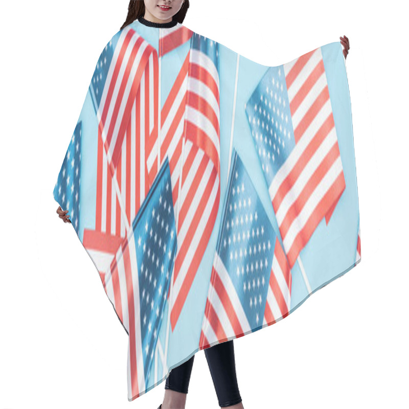 Personality  Panoramic Shot Of Scattered American Flags On Sticks On Blue Background Hair Cutting Cape