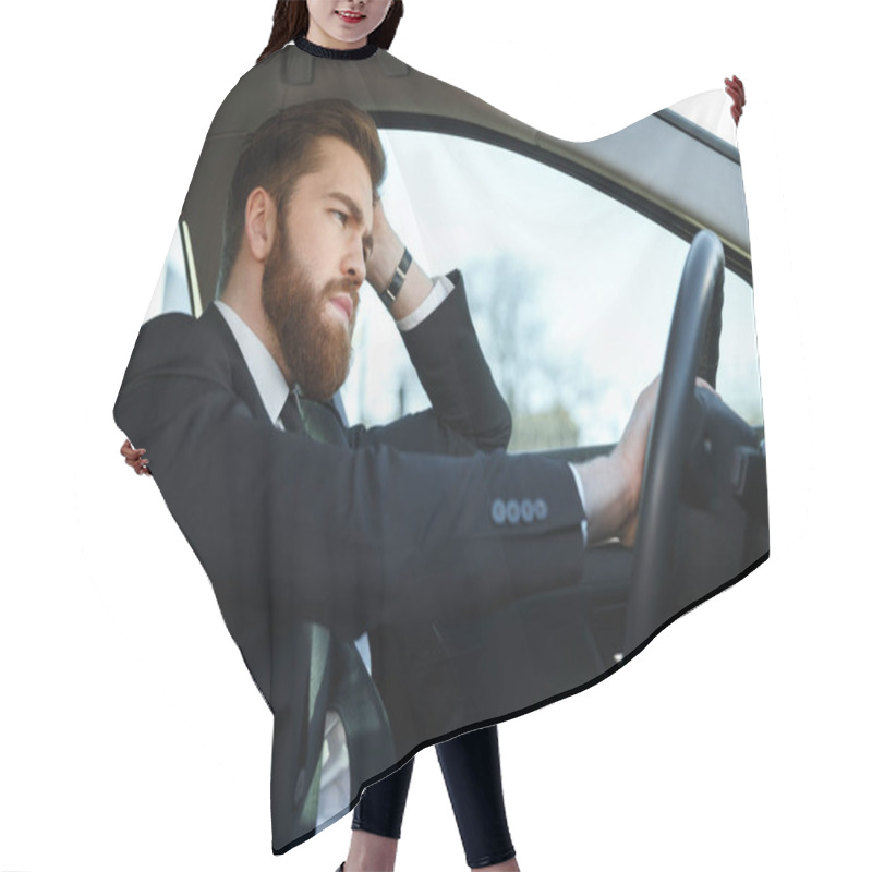 Personality  Side View Of Tired Business Man Driving Car Hair Cutting Cape