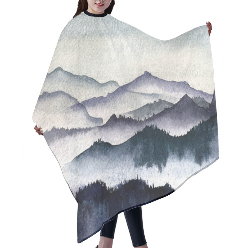 Personality  Blue Ink Landscape Painting With Ink Dots. Blue Mountains Ink Illustration. Hair Cutting Cape