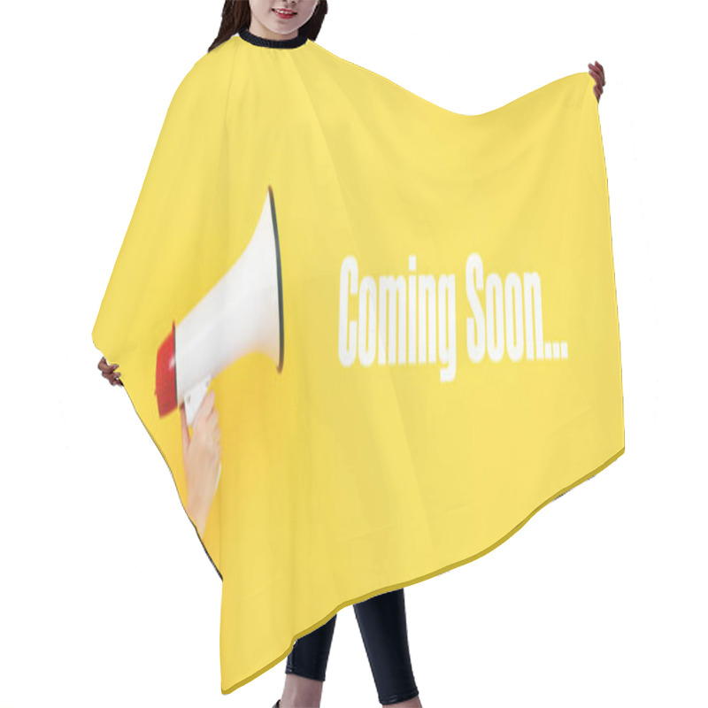 Personality  Megaphone In Hand And Inscription Coming Soon On A Yellow Background Hair Cutting Cape