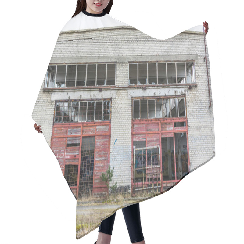 Personality  Abandoned Industry, Old Industrial Factory Wall Of White Bricks With Damaged Door And Windows Hair Cutting Cape