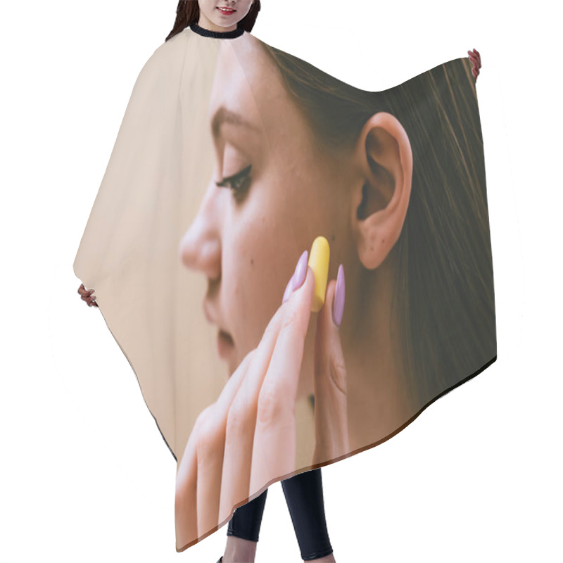 Personality  Cute Young Girl Puts In Ears Yellow Earplugs Against Noise Hair Cutting Cape