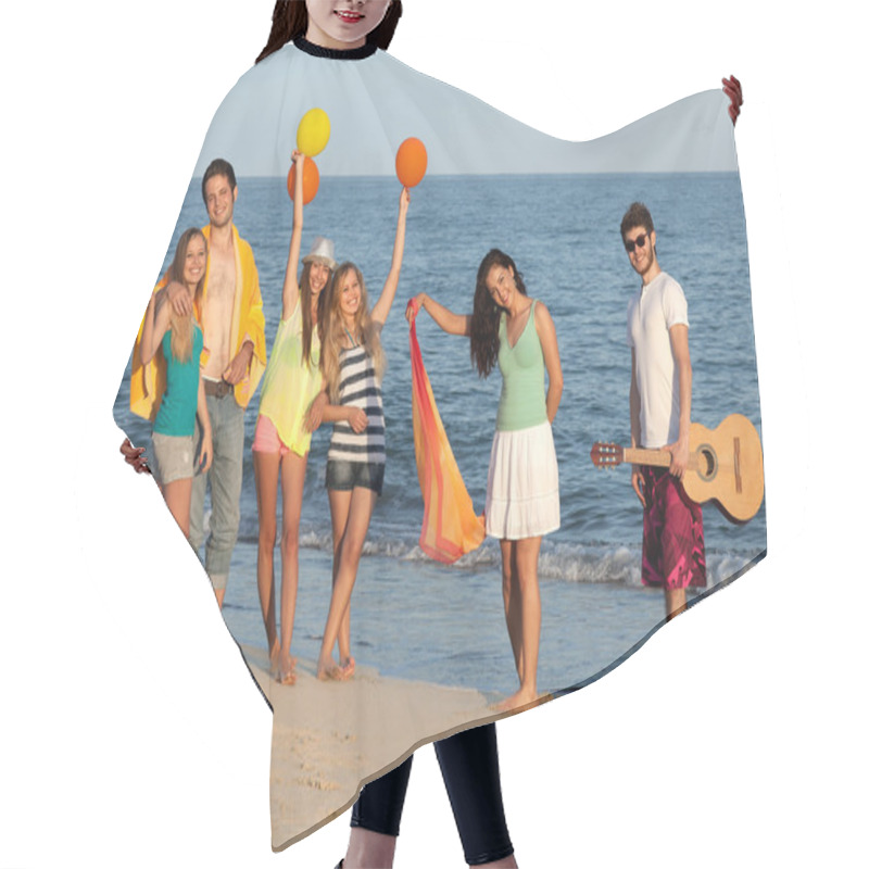 Personality  Group Of Young People Enjoying Beach Party With Guitar And Ballo Hair Cutting Cape