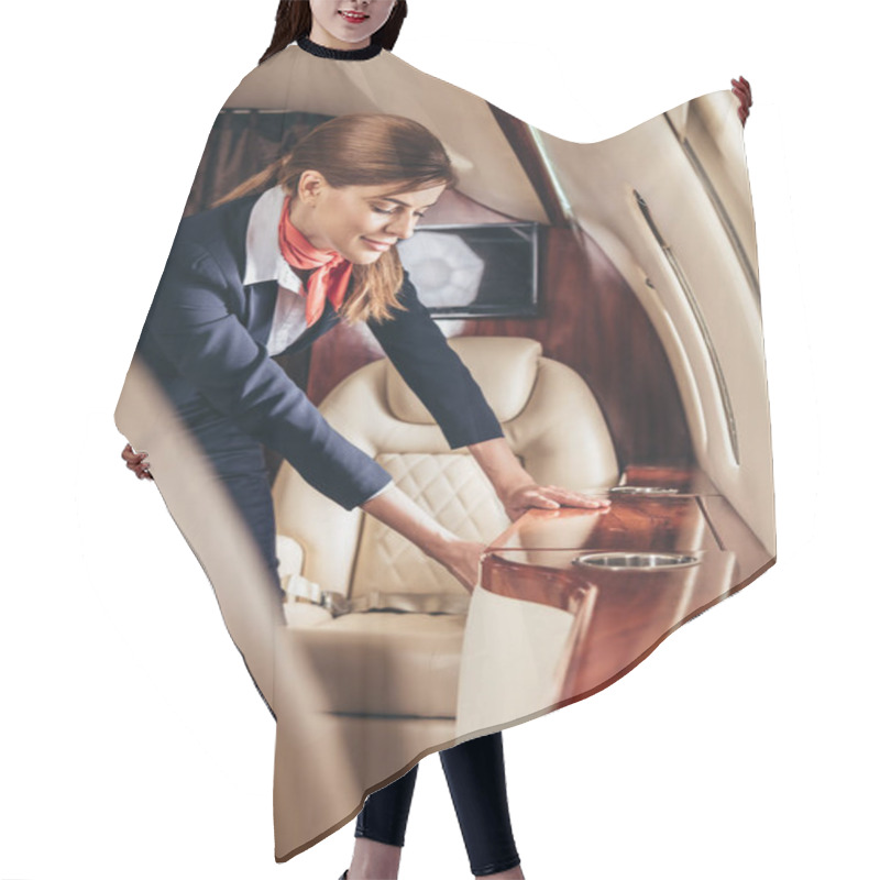 Personality  Flight Attendant In Uniform Holding Handle In Private Plane  Hair Cutting Cape