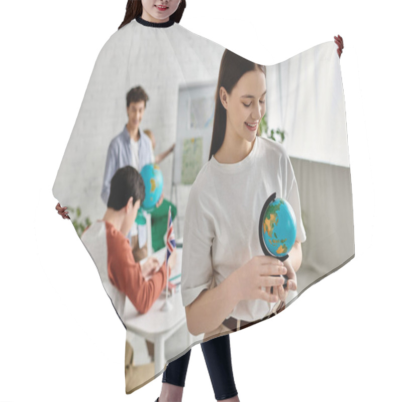 Personality  A Teenager Holds A Globe During A UN Model Simulation. Hair Cutting Cape