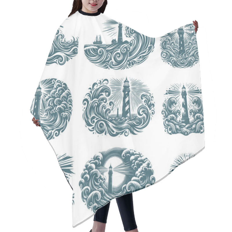 Personality  Artistic Lighthouse Surrounded By Waves And Rays In Poster Print Collection Hair Cutting Cape