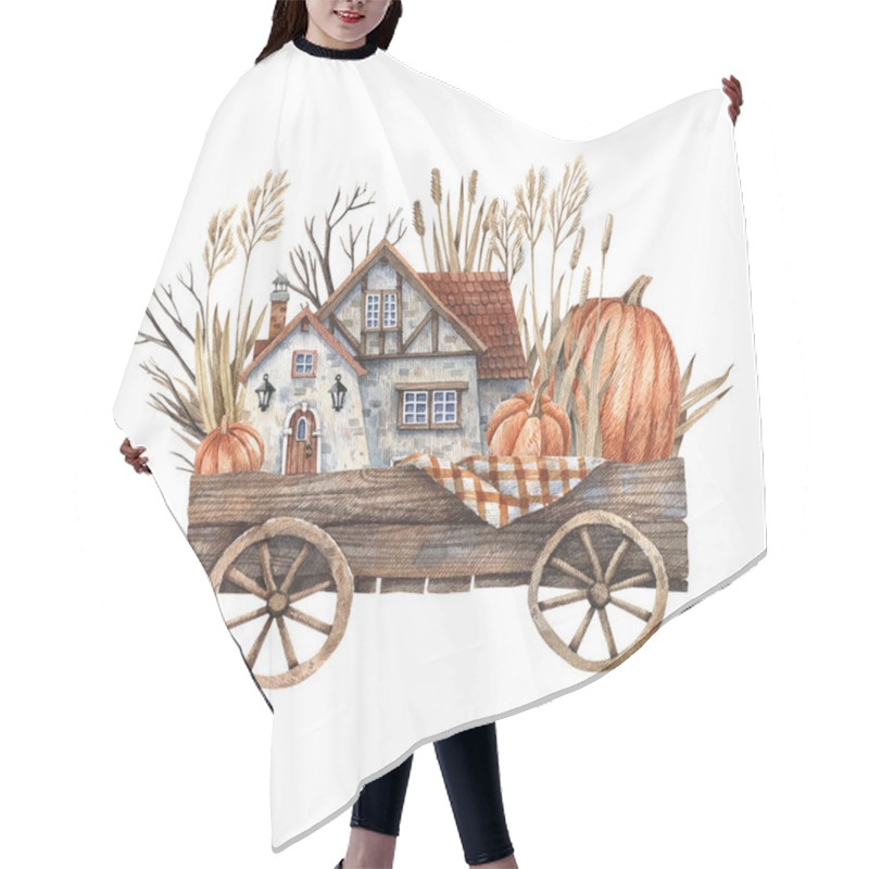 Personality  Watercolor Illustration Of A Wooden Cart With Pumpkins, Dry Herbs, Branches And A Farmhouse With A Tiled Roof. Illustration Isolated On White Background In Vintage Style. Hair Cutting Cape