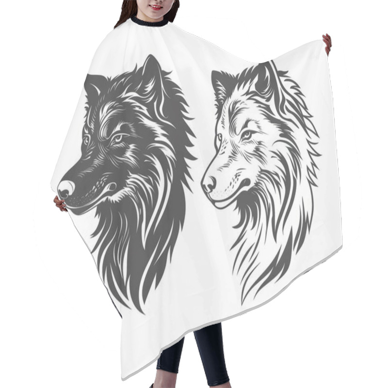 Personality  Stylized Illustrations Of Wolf Heads Featuring Intricate Line Work And Contrasting Colors. Hair Cutting Cape