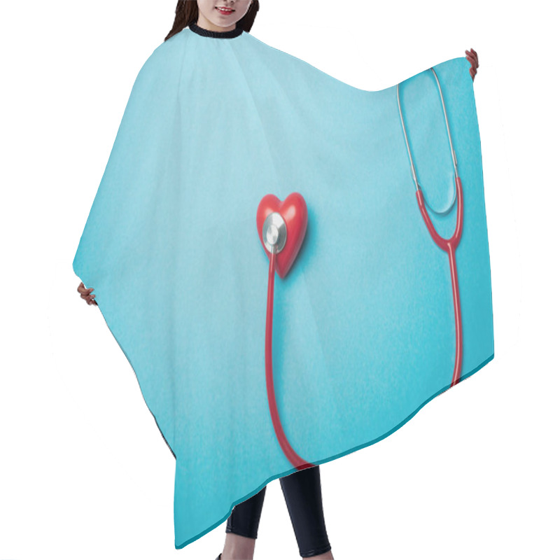 Personality  Top View Of Decorative Heart Connected With Red Stethoscope On Blue Background, World Health Day Concept Hair Cutting Cape