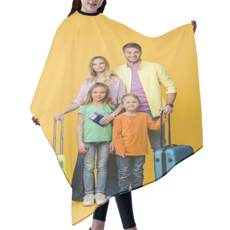 Personality  Smiling Family Of Travelers With Luggage, Passports And Tickets On Yellow Hair Cutting Cape