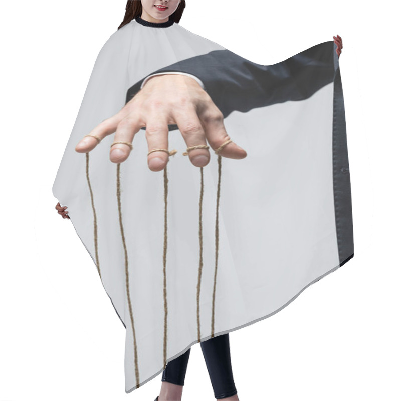 Personality  Partial View Of Puppeteer In Suit With Strings On Fingers Isolated On Grey Hair Cutting Cape