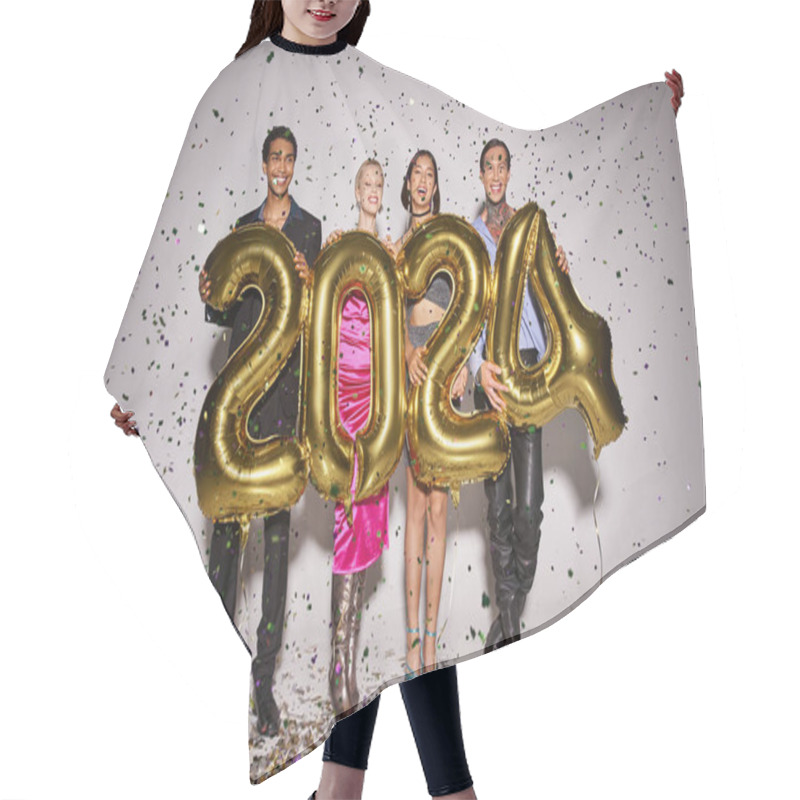 Personality  Happy Interracial Friends Holding Balloons With 2024 Numbers Near Falling Confetti, New Year Party Hair Cutting Cape