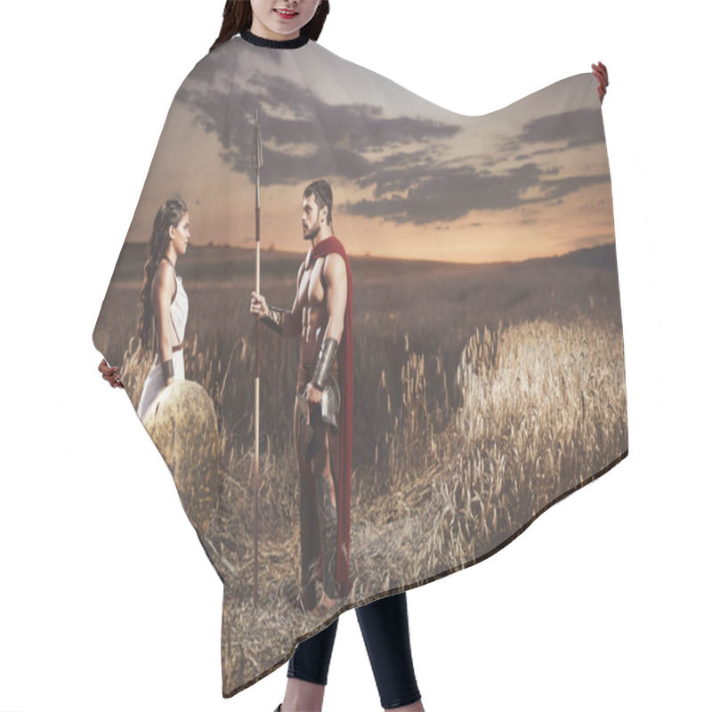 Personality  Couple Meeting After War In Field At Night Time. Hair Cutting Cape