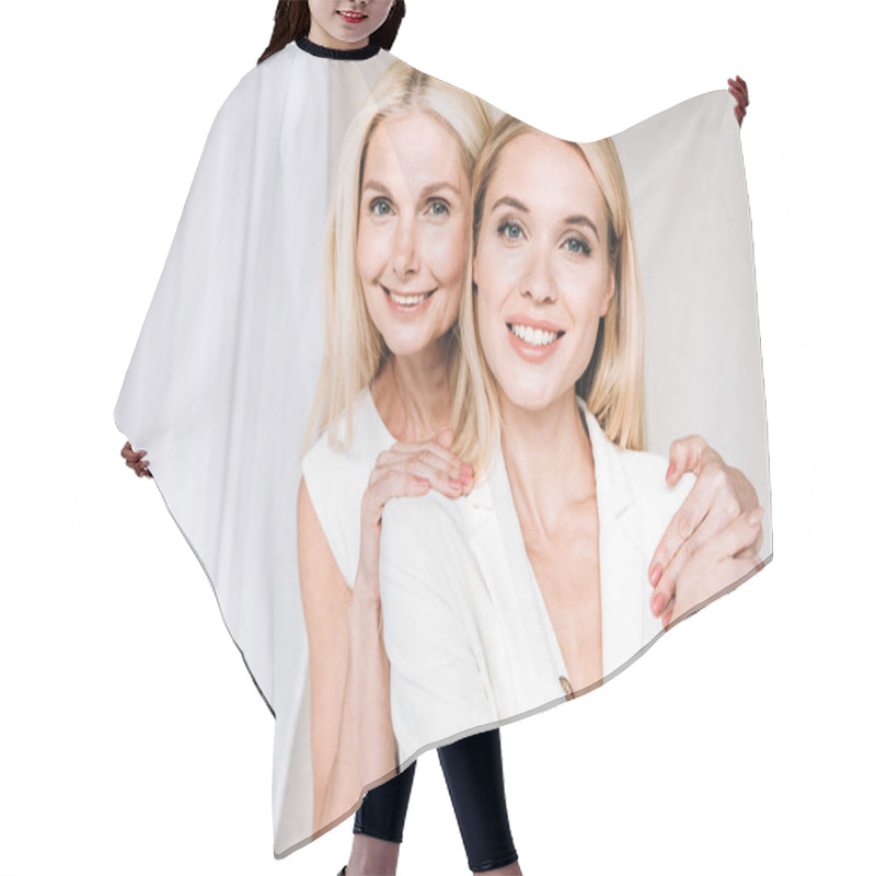 Personality  Happy Elegant Blonde Mother And Daughter In Total White Outfits Hair Cutting Cape