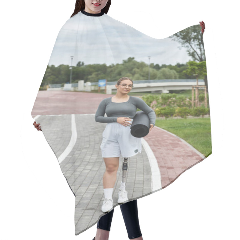 Personality  A Spirited Young Woman Embraces Fitness Outdoors, Confidently Exercising With Her Prosthetic Leg. Hair Cutting Cape