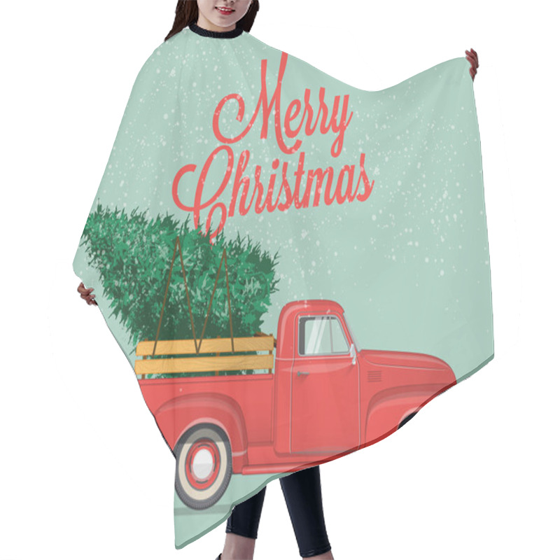 Personality  Merry Christmas And Happy New Year Postcard Or Poster Or Flyer Template With  Pickup Truck With Christmas Tree. Vintage Styled Vector Illustration. Hair Cutting Cape