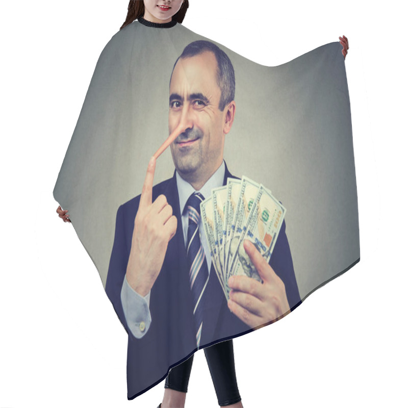 Personality  Financial Fraud Concept. Liar Businessman With Dollar Cash  Hair Cutting Cape