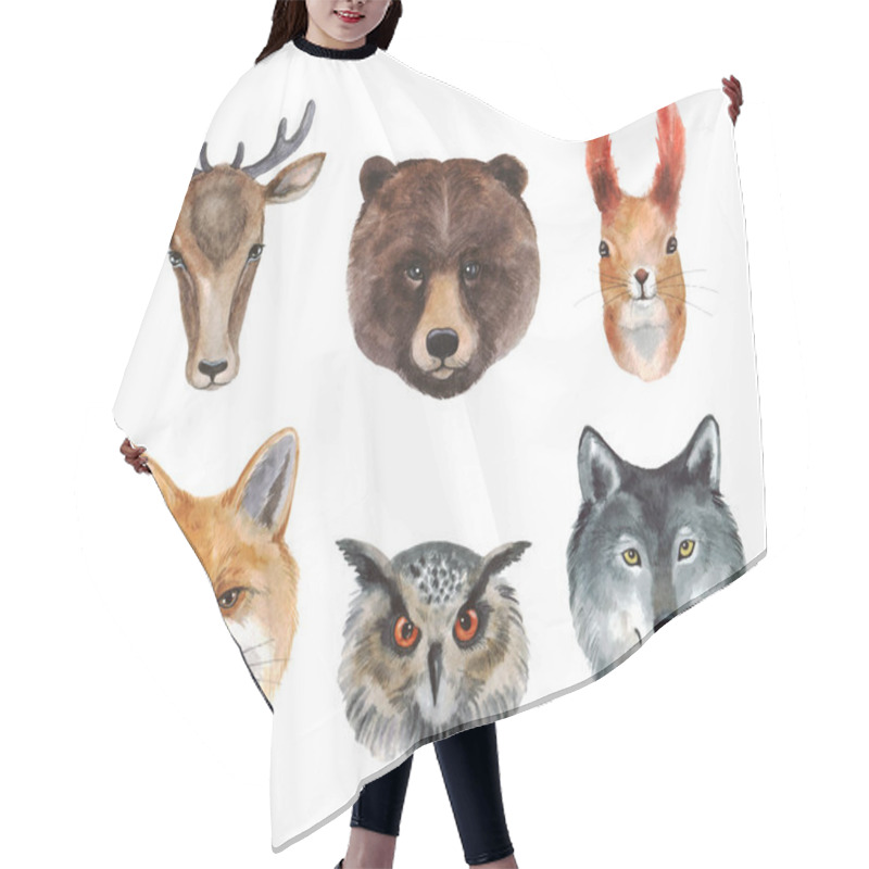 Personality  Watercolor Set Of Forest Animals - Bear, Deer, Squirrel, Fox, Wolf, Owl. Animal Faces On White Background For Your Design Hair Cutting Cape