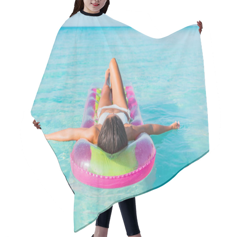 Personality  Summer Luxury Vacation Relaxation Bikini Woman Sunbathing Lying Down On Air Mattress Floating On Blue Turquoise Water Paradise Beach Relaxing Sunbathing In Caribbean. Hair Cutting Cape