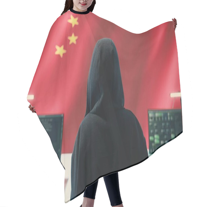 Personality  Terrorist Person In A Chinese Cyber Security Room Hacking National Systems, Reading Fake News And Hybrid Warfare Propaganda. Digital Mercenary Group Spread Misinformation And Falsification. Camera B. Hair Cutting Cape