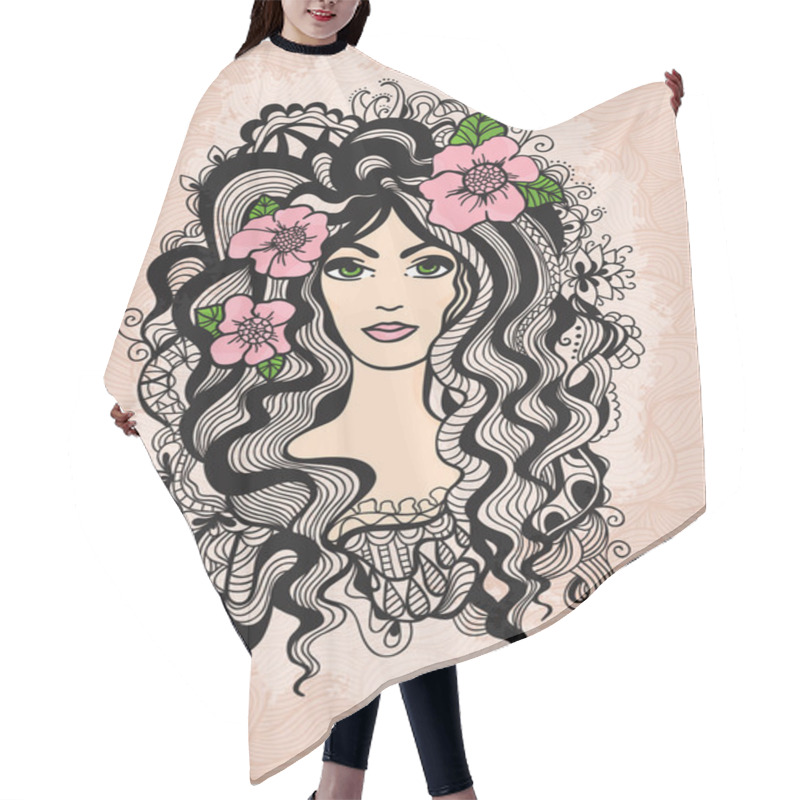 Personality  Beautiful Vector Hand Drawn Girl On Retro Textured Background. Hair Cutting Cape