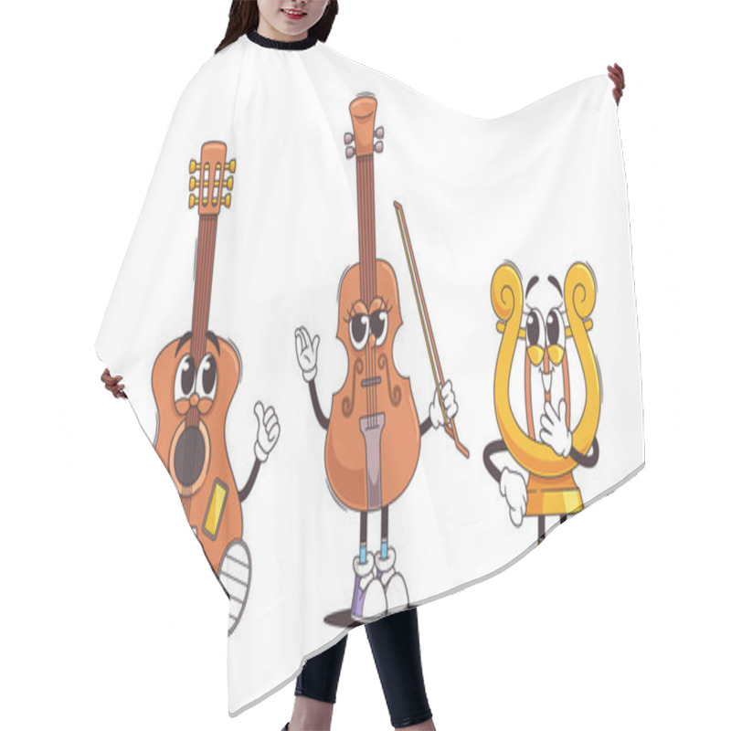 Personality  Retro Style Musical Instruments Like Cello, Violin And Lyre With Cartoon Faces And Cute Expressions. Fun Vector Illustration Of Musical Personages Perfect For Kids And Music Education Hair Cutting Cape