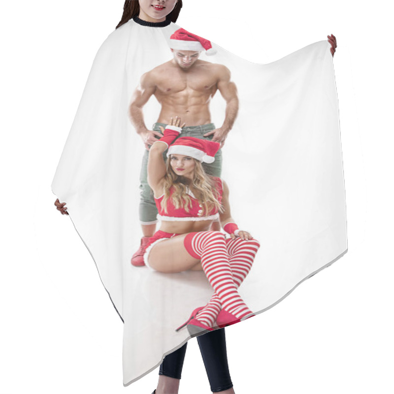 Personality  Beautiful Sexy Couple In Santa Claus Clothes Hair Cutting Cape