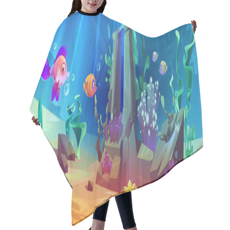 Personality  Ocean Underwater Boulder With Fish Vector Background. Deep Sea Under Water Reef Life With Animal And Seaweed Plant. Tropical Aquatic Habitat Wildlife Drawing Environment. Aquarium Ecosystem Landscape Hair Cutting Cape