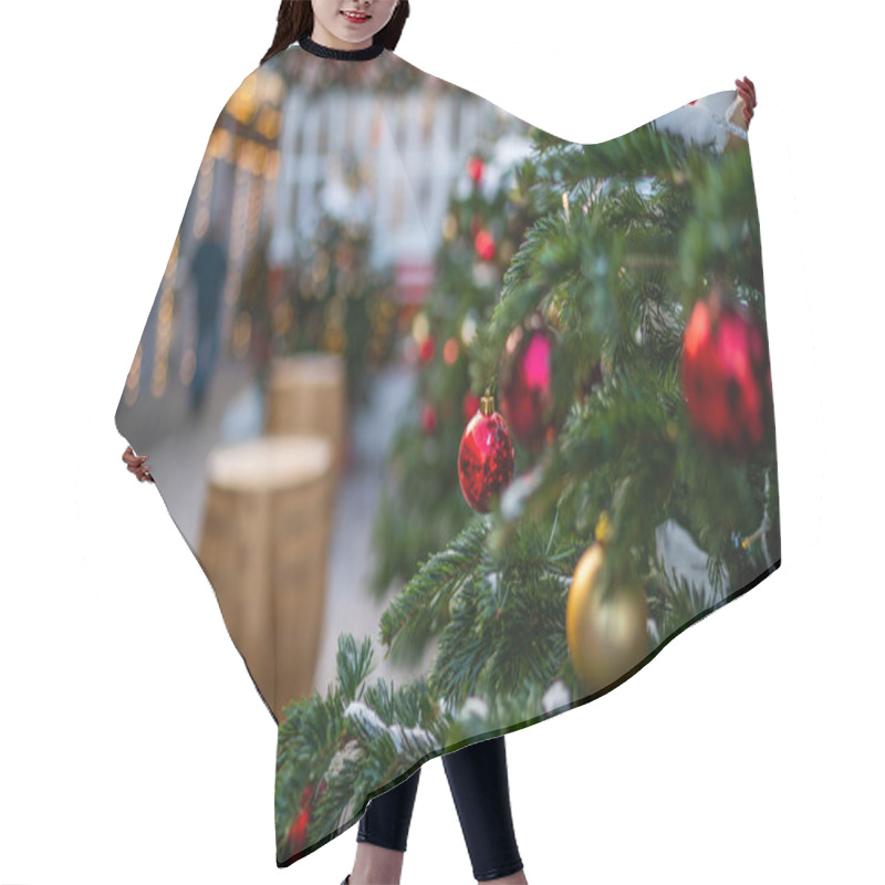 Personality  Decorated Outdoor Christmas Tree With Beautiful Festive Arrangement Of Fresh Spruce With Balls. Christmas Morning. Festive Street Decor In Winter Holidays. Hair Cutting Cape