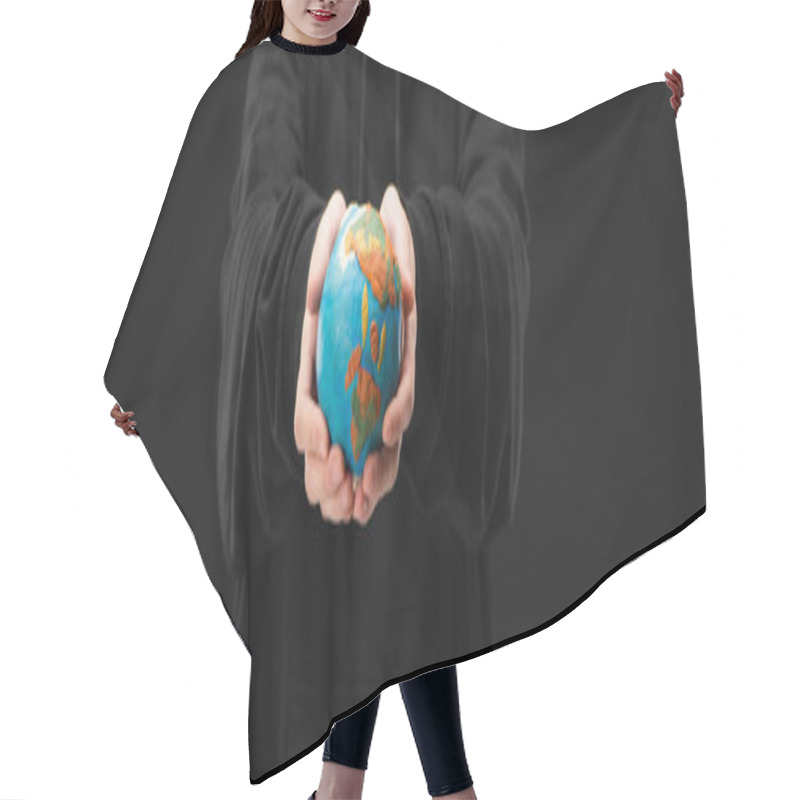 Personality  Panoramic View Of Woman Holding Plasticine Globe Isolated On Black, Global Warming Concept Hair Cutting Cape