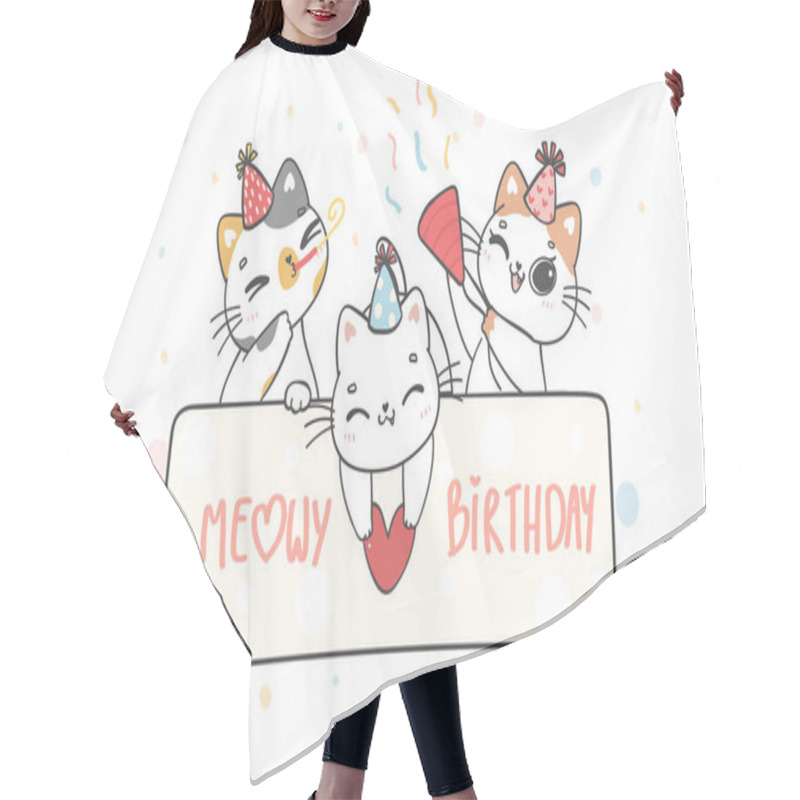 Personality  Group Of Three Cute Funny Playful Kitten Cats Celebrating Pary Birthday, Meowy Birthday, Cheerful Pet Animal Cartoon Doodle Character Drawing Hair Cutting Cape