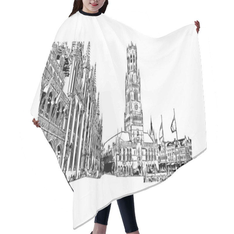 Personality  Print Building View With Landmark Of Bruges Is The City In Belgium. Hand Drawn Sketch Illustration In Vector. Hair Cutting Cape