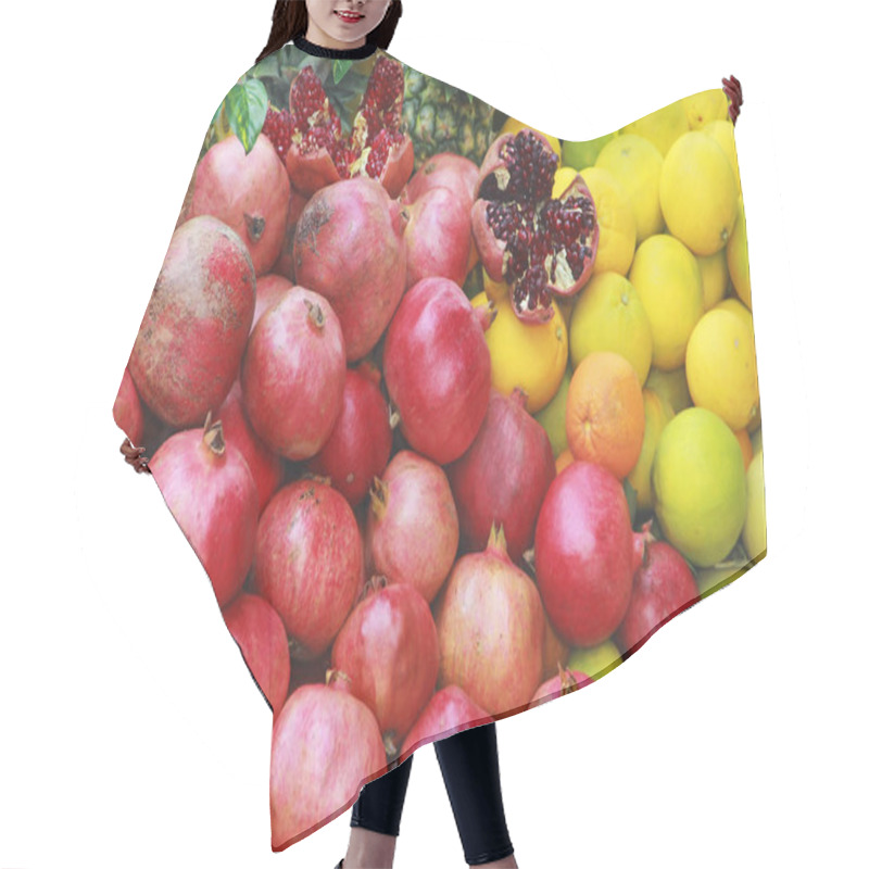 Personality  Natural Fresh Fruits Yellow Lemons, Oranges And Red Pomegranates Hair Cutting Cape